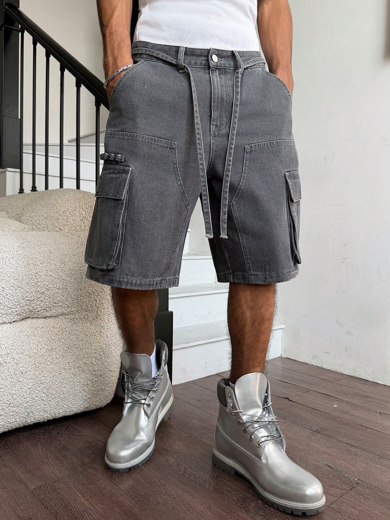Street Fashion Baggy - Men Grey Washed Cargo Denim Shorts