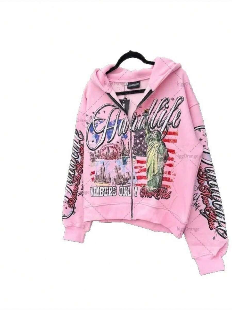 Graphic Hoodie Streetwear - Pink Oversized Zip-Up Hoodie with Graphic