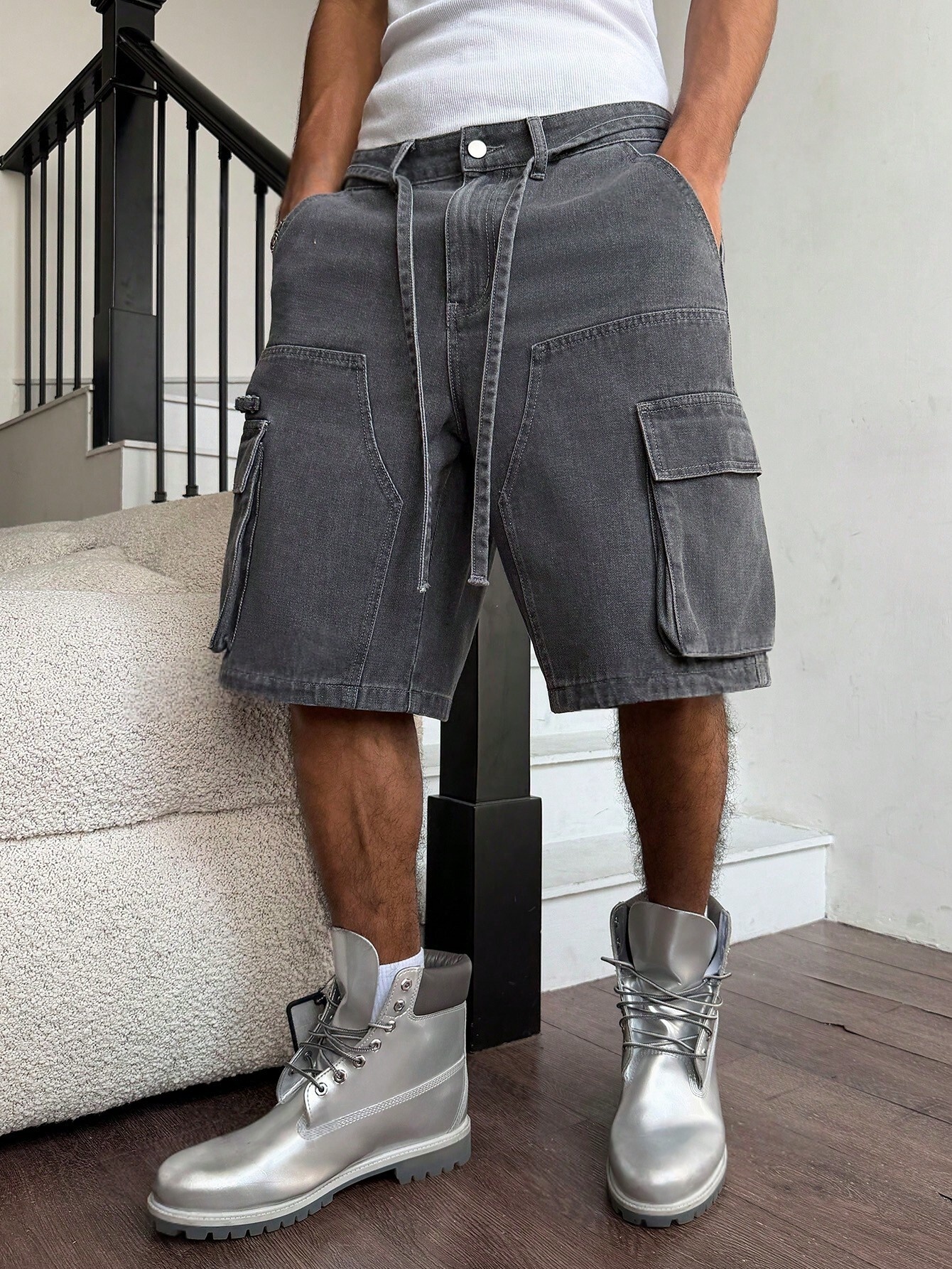Men Grey Washed Cargo Denim Sh - مراجعة Street Fashion Baggy وسعره