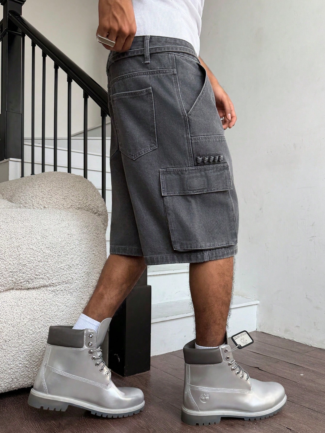 Men Grey Washed Cargo Denim Sh - مراجعة Street Fashion Baggy وسعره
