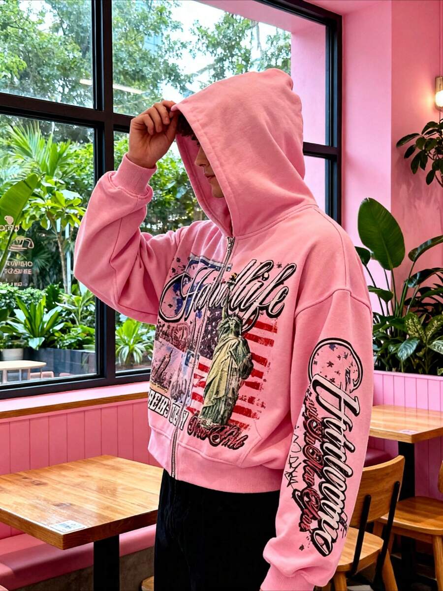 Pink Oversized Zip-Up Hoodie w - مراجعة Graphic Hoodie Streetwear وسعره