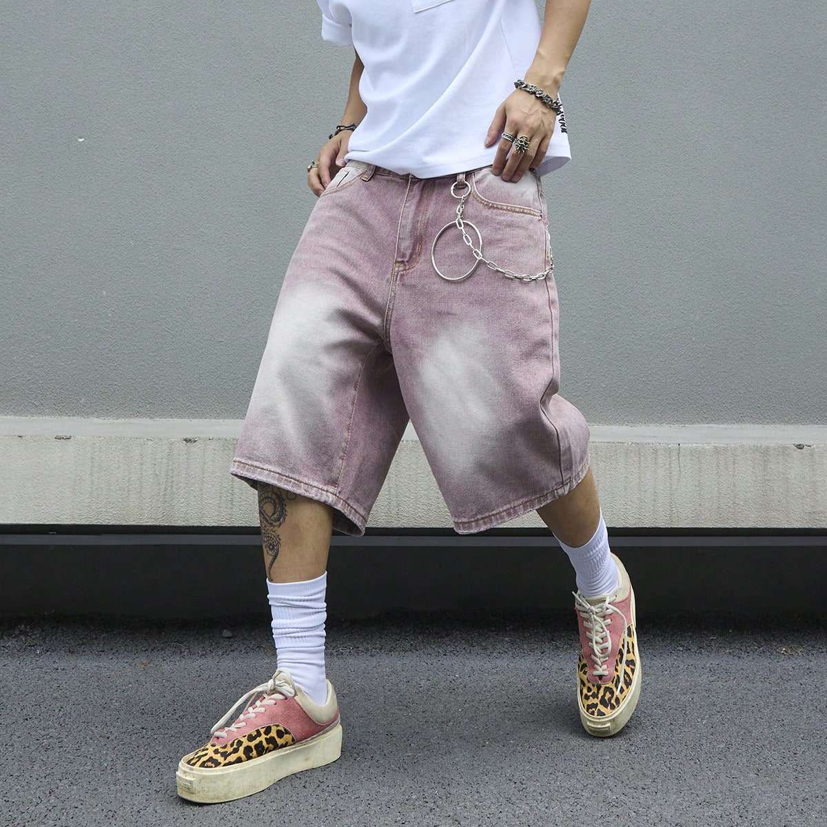 Men's Pink Gradient Denim Shor - مراجعة Street Fashion Baggy وسعره