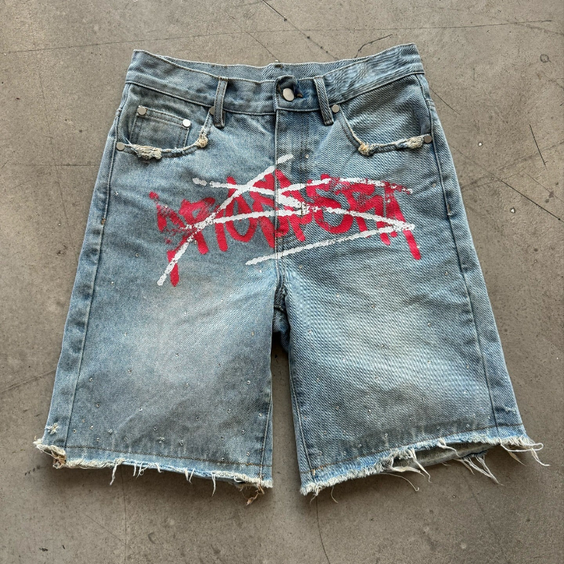 Y2K Graffiti Jorts Rhinestone  - مراجعة Street Fashion Baggy وسعره