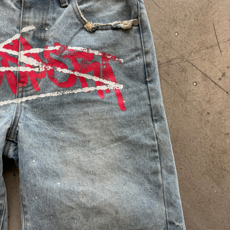 Y2K Graffiti Jorts Rhinestone  - مراجعة Street Fashion Baggy وسعره